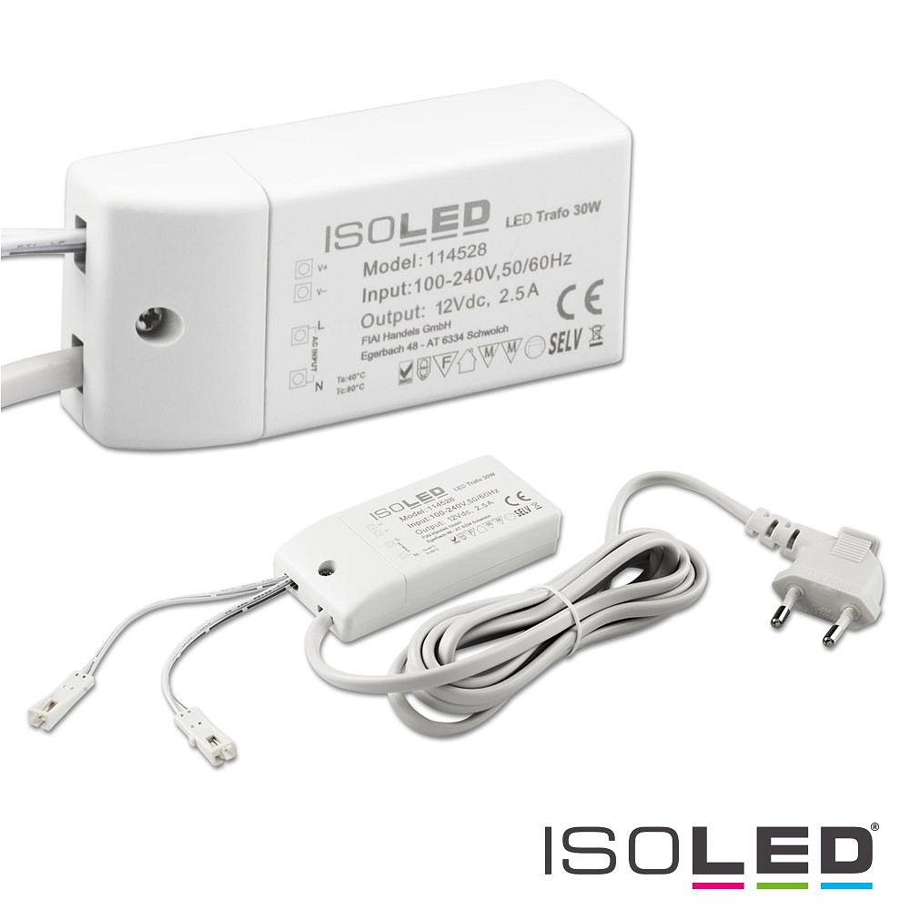 ISOLED LED Trafo MiniAMP, IP20, 12V/DC, 0-30W, 200cm Kabel mit Flachstecker, sekundär 2 female Buchsen