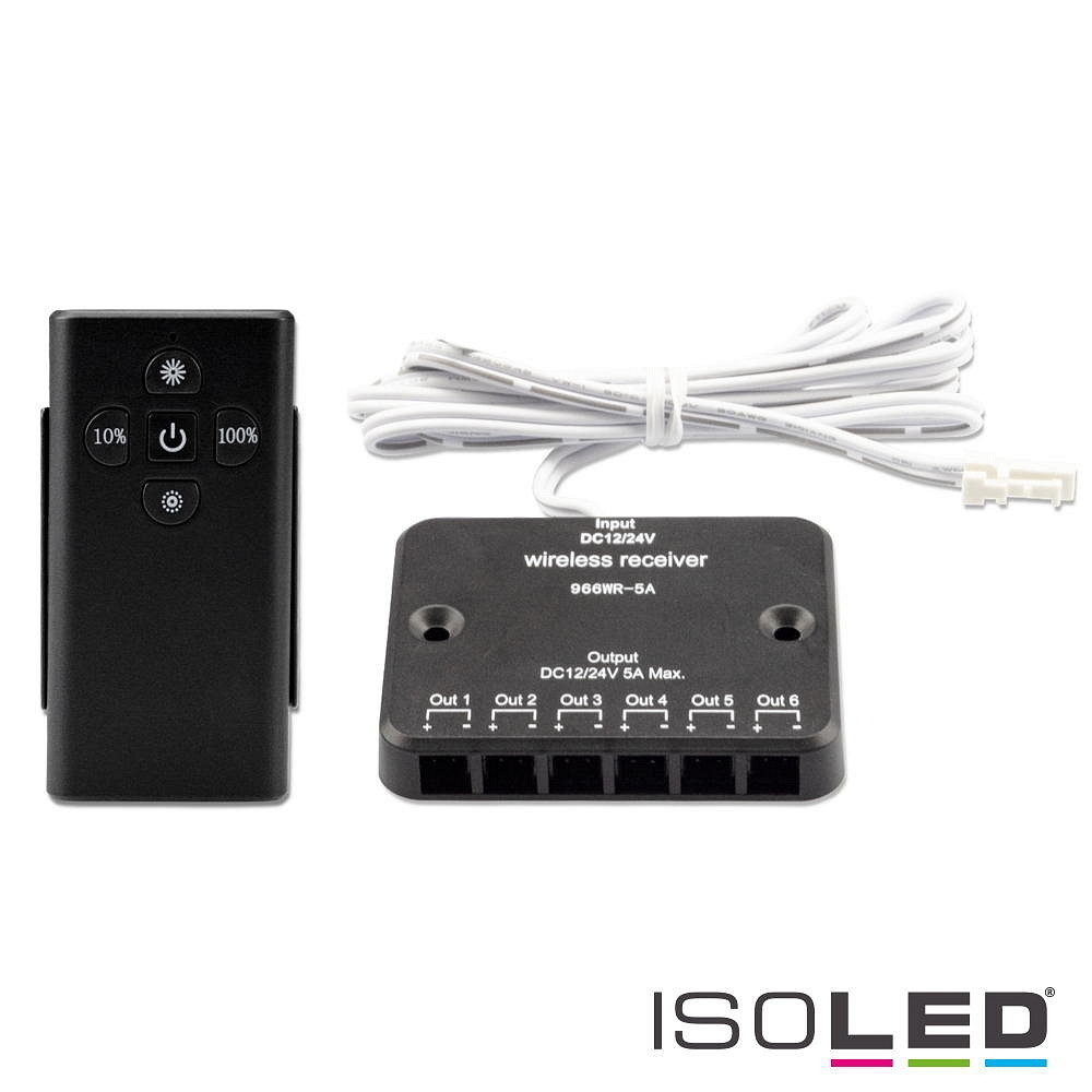 ISOLED MiniAMP LED Touch/Funk PWM-Dimmer, 1 Kanal, 6x Out, 12-24V DC, 5A, inkl. Fernbedienung (Reichweite 10 Meter)