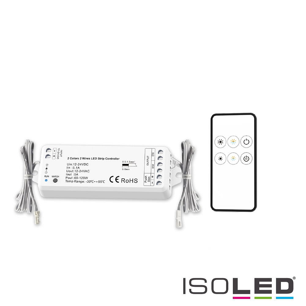 ISOLED LED weißdynamischer Push/Funk PWM-Controller MiniAMP inkl. Fernbedienung, 12-24V DC, 60-120W, 5A, mit 2x 30cm Kabel