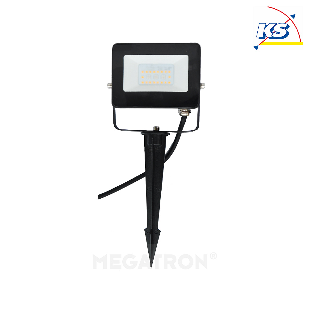 Megatron LED RGB/W Außenstrahler, IP65, 10W RGB/3000K 900lm 100°, dimmbar mit FB, mit Erdspieß + Bügel, inkl. 300Cm Kabel