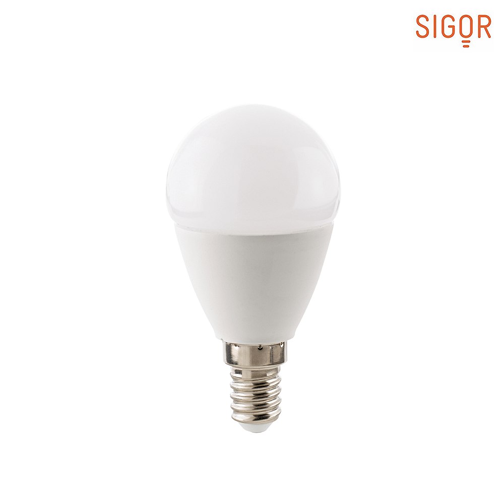 SIGOR LED Tropfenlampe ECOLUX KUGEL DTW, 230V, Ø 4.5cm / L 8.6cm, E14, 6W 1800-2700K 470lm 220°, Dim-To-Warm, Opal