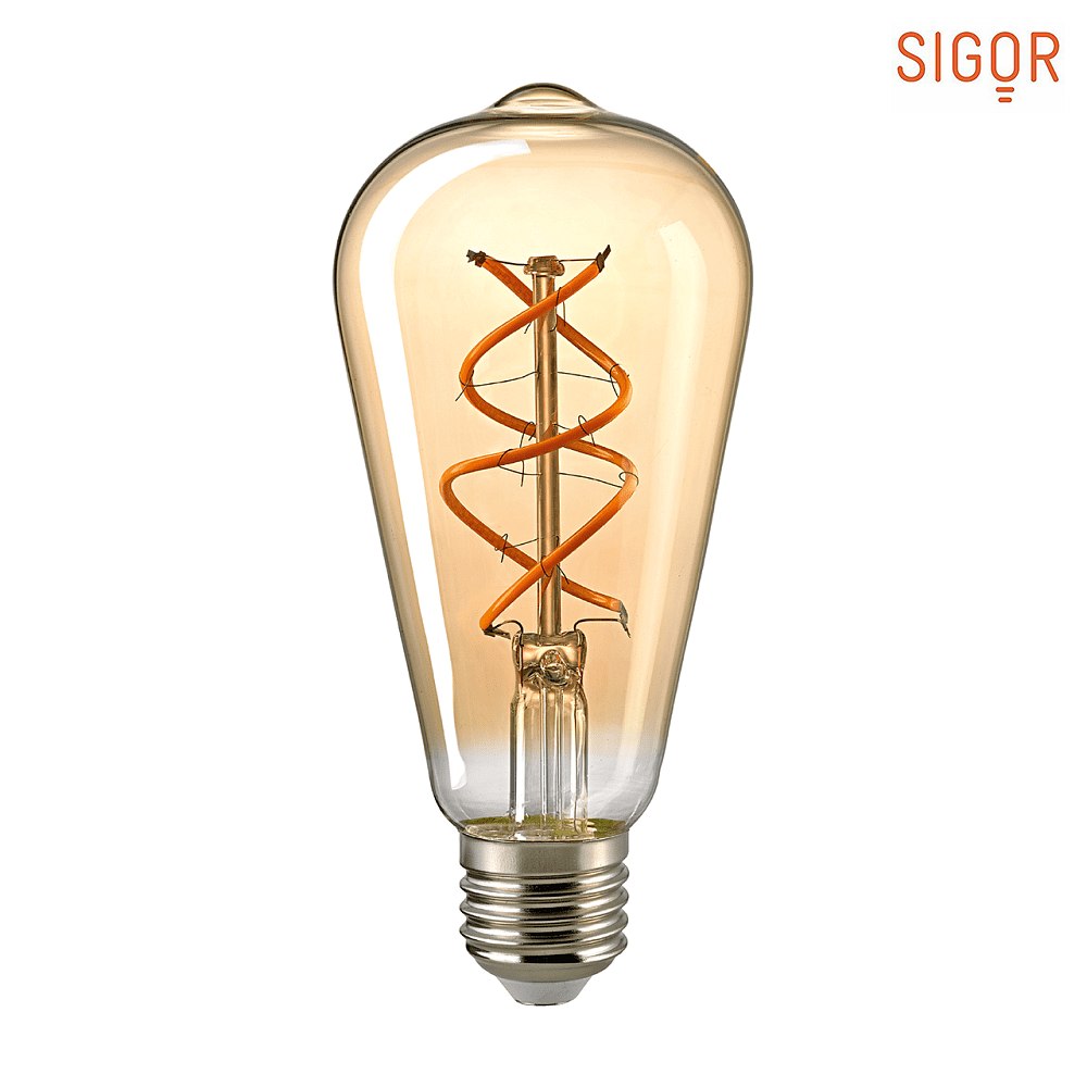 SIGOR LED Deko Wendelfilament Rustikallampe Edison CURVED GOLD, 230V, Ø 6.4cm / L 14cm, E27, 5.5W 2000K 250lm 330°, dimmbar, Gold / Kl