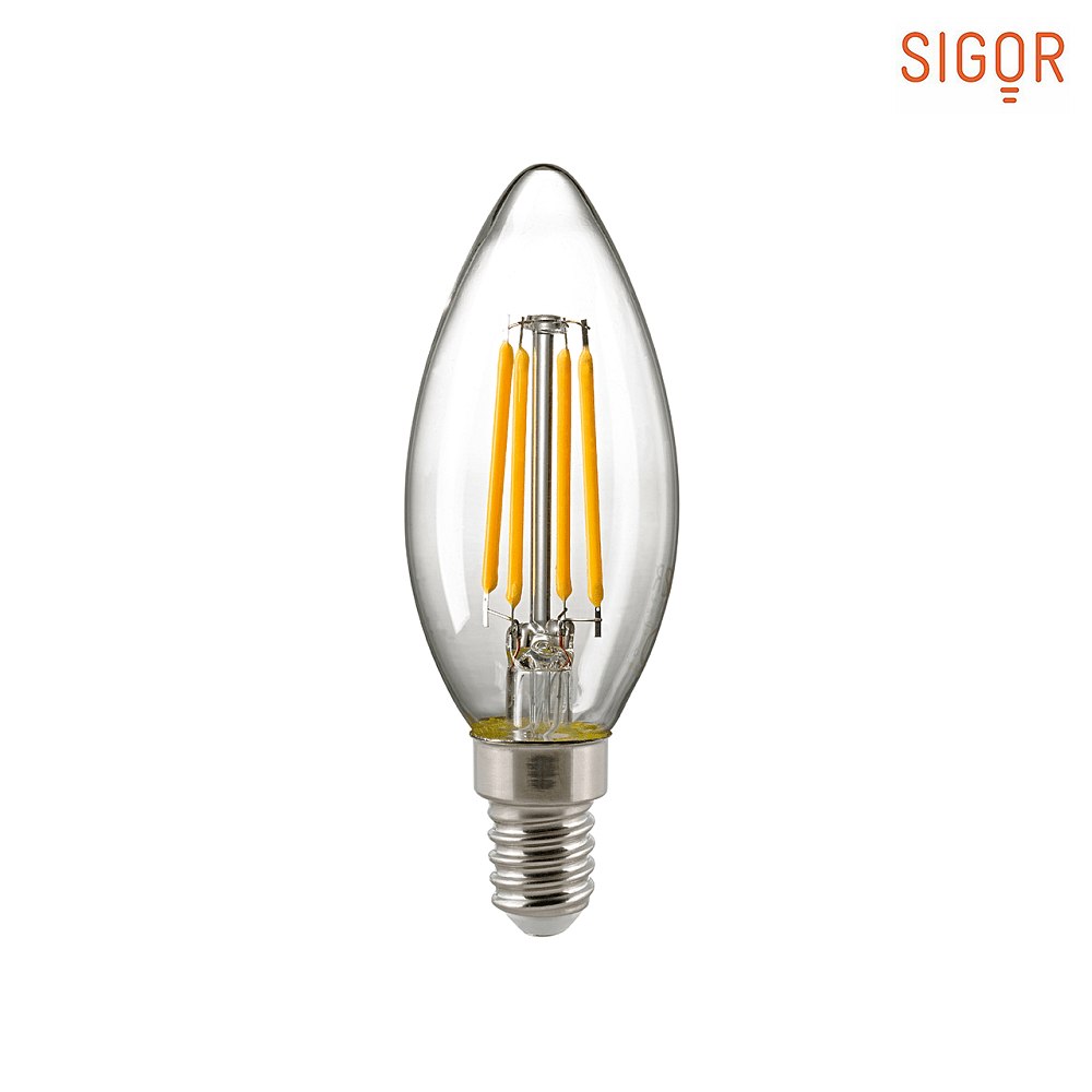 SIGOR LED Filamentlampe KERZE, 230V, Ø 3.5cm / L 9.7cm, E14, 4.5W 2700K 470lm 300°, Klar