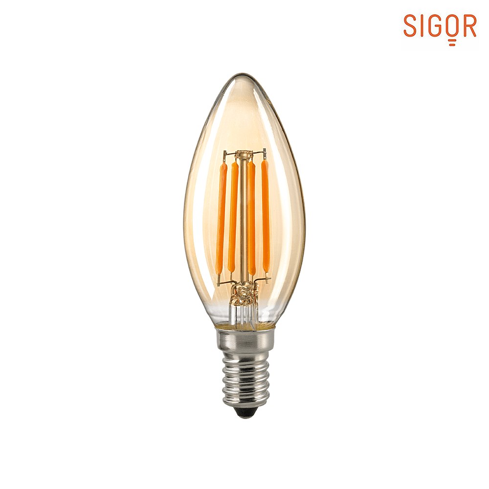 SIGOR LED Filamentlampe KERZE GOLD, 230V, Ø 3.5cm / L 9.7cm, E14, 4.5W 2500K 320lm 300°, dimmbar, Gold / Klar