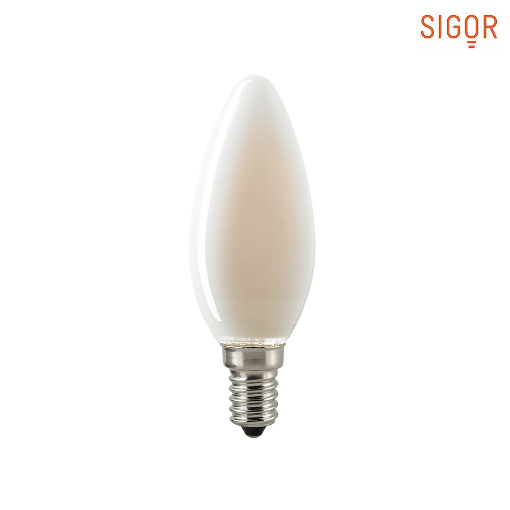 SIGOR LED Filamentlampe KERZE, 230V, Ø 3.5cm / L 9.7cm, E14, 4.5W 2700K 400lm 300°, dimmbar, Opal schattenfrei