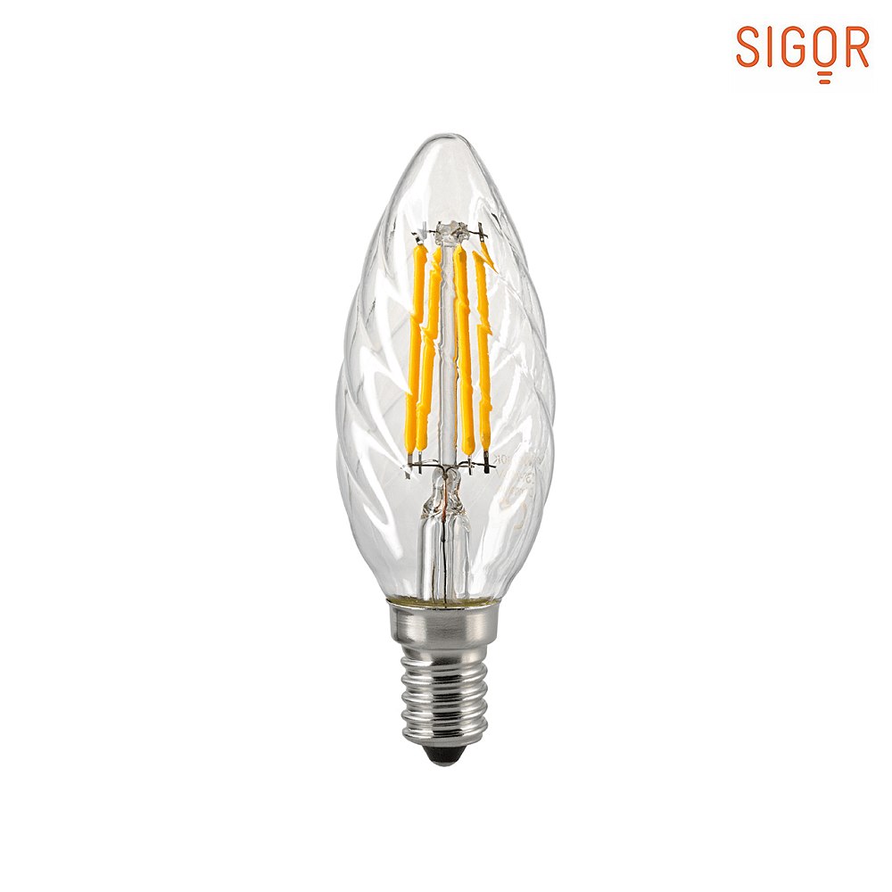 SIGOR LED Filamentlampe KERZE TWISTED, 230V, Ø 3.5cm / L 9.7cm, E14, 4.5W 2700K 470lm 300°, dimmbar, Klar