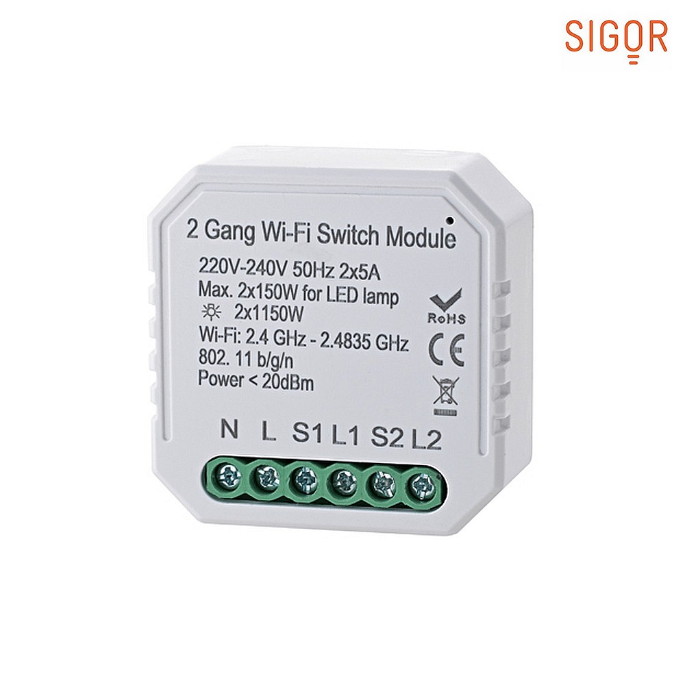 SIGOR shaire WIFI Schalter für Unterputzdosen, 220-240V, IP20, 2 Kanal An/Aus, max. 2x 150W LED