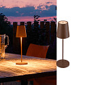 SLV LED Akku-Tischleuchte VINOLINA TWO, IP65, � 11cm, konisch, 2W 2200-3000K (CCT Switch) 190m, Touch-Dimmer + Ladestation, rost