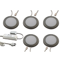 5er Set LED M�bel-Einbauleuchte FAR 58, IP44/IP20, rund, LED 24-Stecker + Trafo, CRi >93, Edelstahl, 3W 3000K 225lm 115�