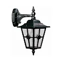 Außenwandleuchte Landhausstil Kreuzstrebe Typ Nr. 1805, hängend an Wandarm, IP23, E27, Alu-Guss / Kathedralglas, Schwarz