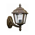Außenwandleuchte Landhausstil Doppelkuppel eckig, Typ Nr. 1812, stehend an Wandarm, IP44, E27, Alu-Guss / klar, Braun-Messing