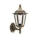 Außenwandleuchte Landhausstil Typ Nr. 1818, stehend mit Wandarm, IP23, E27 QA55 57W, Alu-Guss / Kathedralglas, Braun-Messing