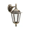 Außenwandleuchte Landhausstil Typ Nr. 1819, hängend mit Wandarm, IP23, E27 QA55 57W, Alu-Guss / Kathedralglas, Braun-Messing