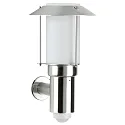 Außenwandleuchte Typ Nr. 0238, mit Bewegungsmelder + Pagoden-Dach, IP44, E27 QA55 max. 57W, Edelstahl / Opalglas
