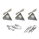3er Set LED Dreieck-Unterbauleuchte UL 2-LED F, mit EBS 4 Schalter + Trafo LED-24 / 15W, Edelstahl, 3W 3000K