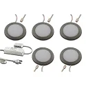 5er Set LED Möbel-Einbauleuchte FAR 58, IP44/IP20, rund, LED 24-Stecker + Trafo, CRi >93, Edelstahl, 3W 3000K 225lm 115°