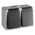 Aufputz-Feuchtraum Schalterserie MONSUN, IP44, 230V AC, 10A, Steckdose mit Deckel, 2-fach, waagerecht, grau / anthrazit