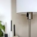 Mexlite Tischleuchte NOOR, E27, Schnurschalter + Schalter am Kopf, Leinenschirm weiß, stahl gebürstet
