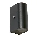 Außenwandleuchte LOGAN, IP54, Up/Down, mit Dämmerungs-Sensor, rund, inkl 2x GU10 LED 4W 2700K 345lm (schaltbar), Schwarz