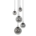 Steinhauer Pendelleuchte BOLLIQUE, 5-flammig, E27, Kugelschirme Ø 15/20/25/30cm, Rauchglas teilverspiegelt, schwarz gebürstet