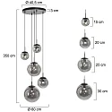 Steinhauer Pendelleuchte BOLLIQUE, 5-flammig, E27, Kugelschirme Ø 15/20/25/30cm, Rauchglas teilverspiegelt, schwarz gebürstet