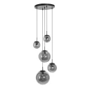 Pendelleuchte BOLLIQUE, 5-flammig, E27, Kugelschirme Ø 15/20/25/30cm, Rauchglas teilverspiegelt, messing