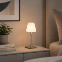 Steinhauer Tischleuchte ANCILLA, 33cm, mit kurzem Schirm, E14, mit Touch-Dimmer, stahl gebürstet / Opalglas weiß