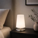 Steinhauer Tischleuchte ANCILLA, konisch, Ø 14.5cm, E27, mit Touch-Dimmer, stahl gebürstet / Opalglas weiß