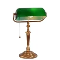 Tischleuchte / Banker-Leuchte ANCILLA, E27, mit Zugschalter-Kette, neigbar, gerade, bronze / Glasschirm, dunkelgrün