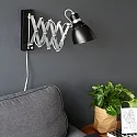 Steinhauer Wandleuchte SPRING mit Scheren-Armatur, E27, mit Euro-Steckerkabel + Schalter + Drehdimmer, verstellbar, schwarz matt