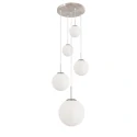 Pendelleuchte BOLLIQUE, 5-flammig, Kugelschirme Ø 15/20/25/30cm, Stahl gebürstet / opalweiß