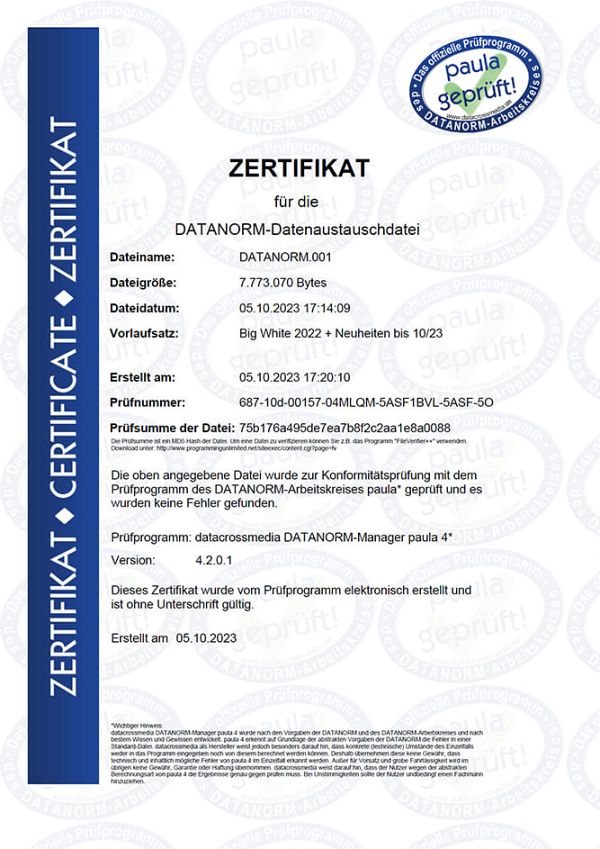 Zertifikat für die DATANORM-Datenaustauschdatei